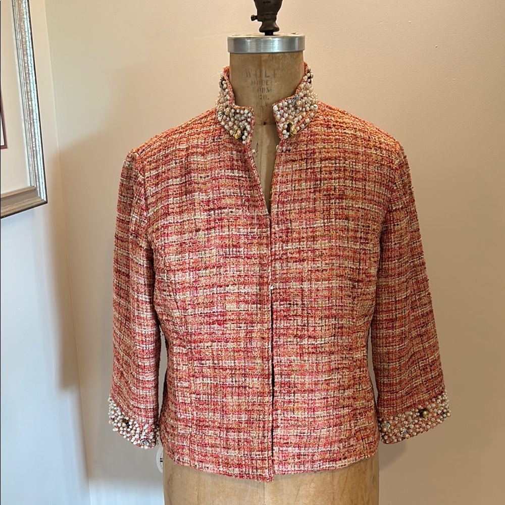 Chico's Red and Cream Blazer with Textured Tweed